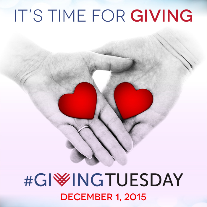 It's Time For Giving (two hands, each holding a heart-shaped icon)
